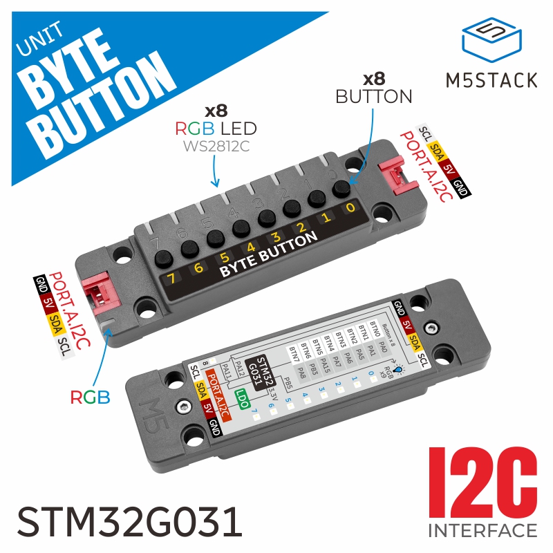 M5Stack - M5Stack officiële unit: ByteButton, 8-kanaals tactiele